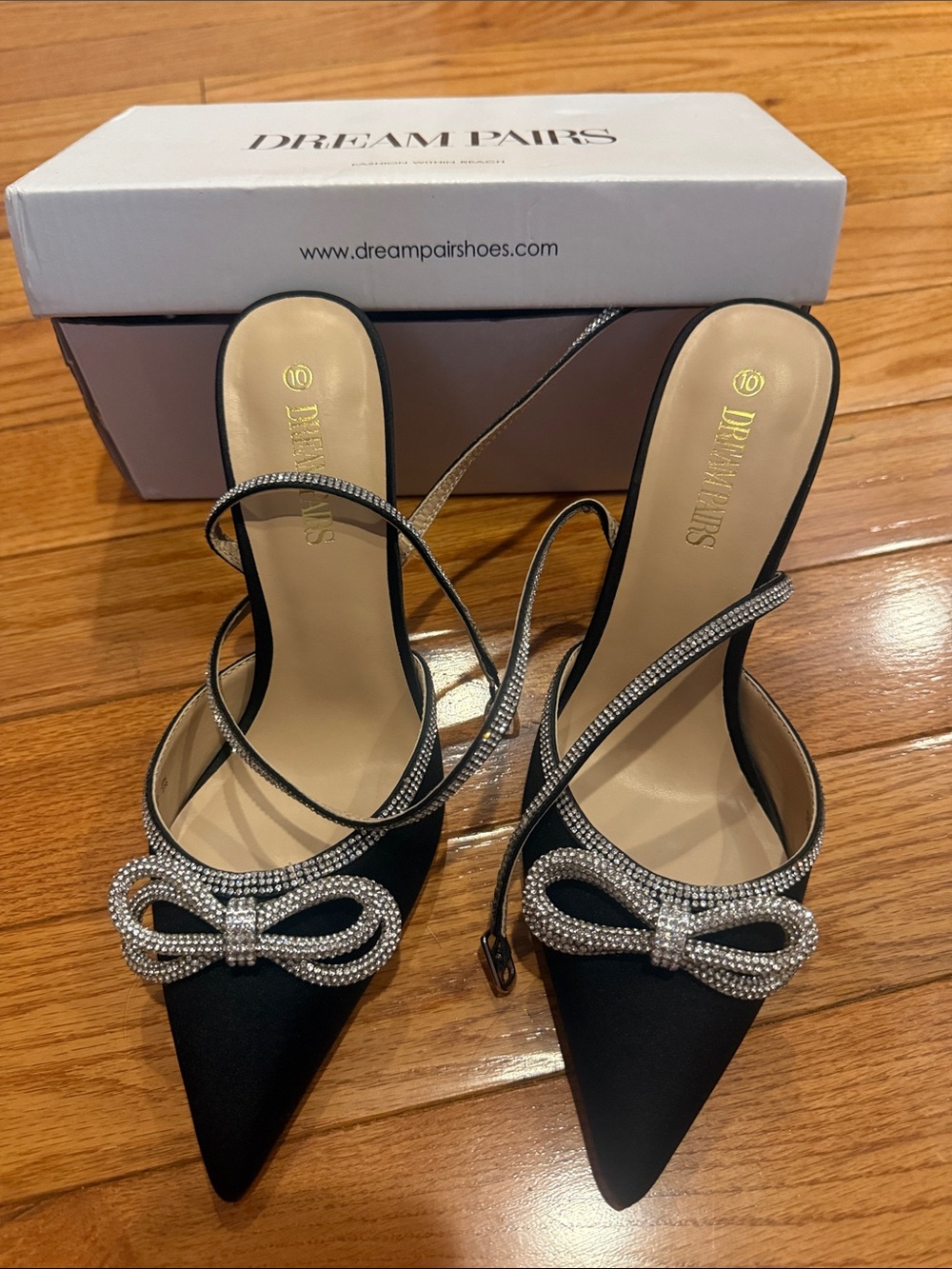 Dream Pairs Black Satin Pointed Mule Heels with Crystal Bow Accent